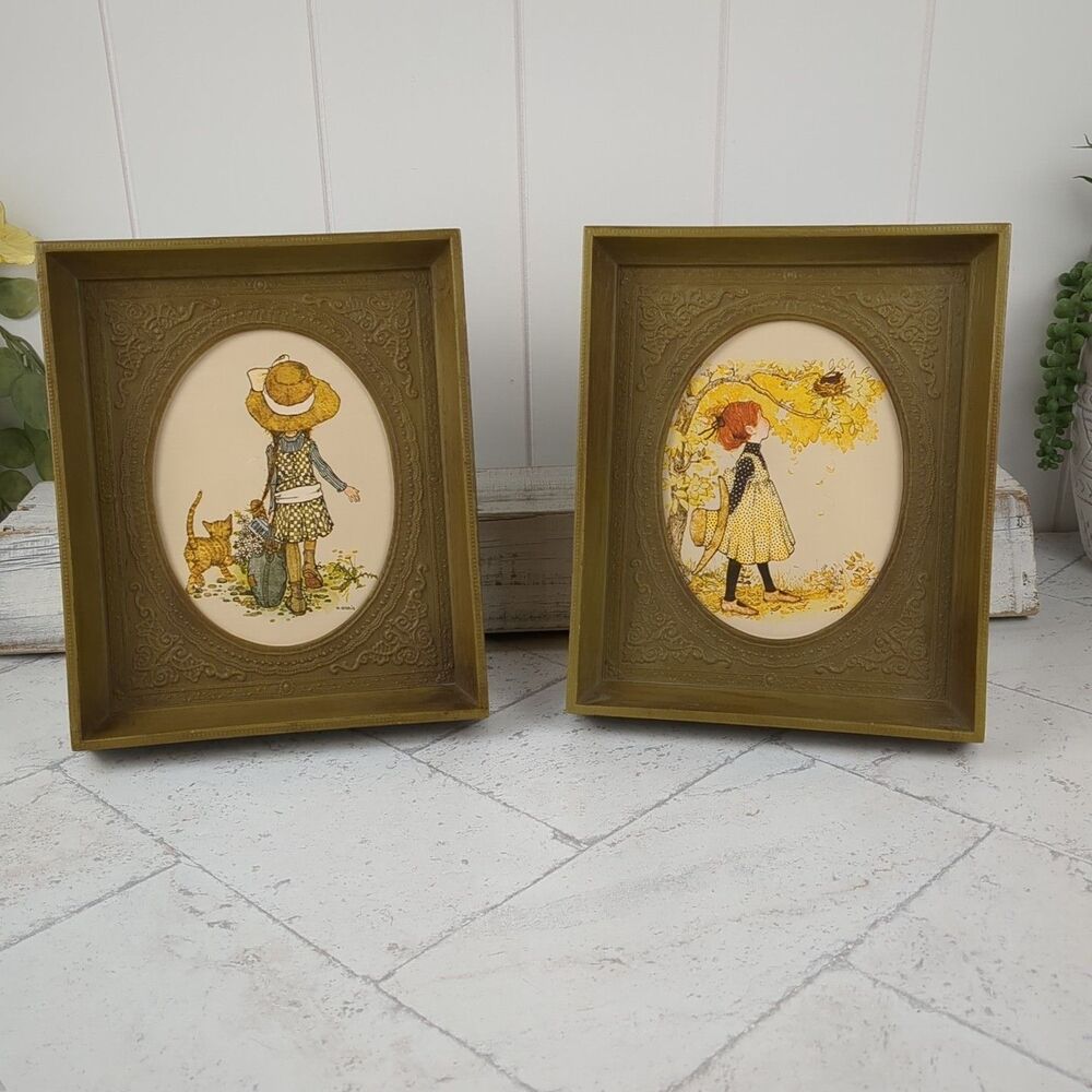 Holly Hobbie Framed Art Set of Two American Greetings 1971 Green Frame 1970s